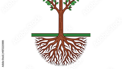tree with roots illustration showing extensive underground network and strong foundation ideal for education ecology or business metaphor projects.