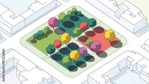 urban park design isometric illustration of a vibrant city park layout with colorful trees and diverse green spaces for modern urban planning