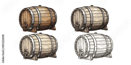 Beer or wine barrels ioslated on white background, engraving style color and black and white vector illustration
