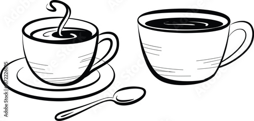 Black coffee cup line art illustration, hot beverage mug outline vector set, cafe drink minimalist design elements icons