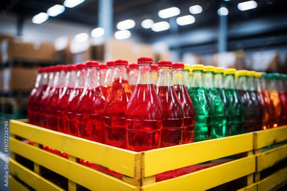 Obraz premium Colorful beverage bottles in yellow crates lined up in a warehouse storage facility