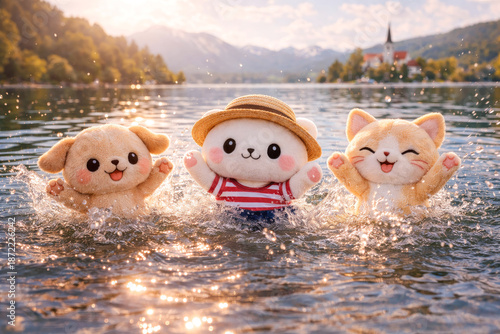 Plush friends splash in a sparkling lake at golden sunset, joyful summer adventure with mountains, village church in background and playful water droplets all around.