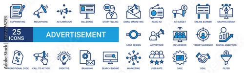Advertisement icon set. Containing copywriting, megaphone, ad campaign, billboard, storytelling, email marketing, and more. Blue vector icons collection.