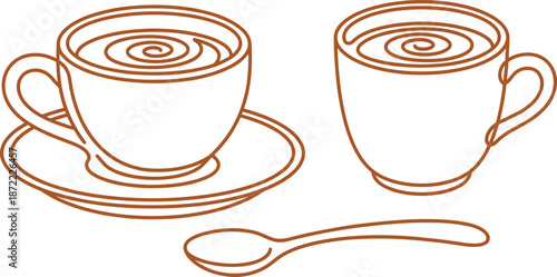 Brown coffee cup line art illustration, tea mug outline vector set, hot beverage icons, cafe drink minimalist design