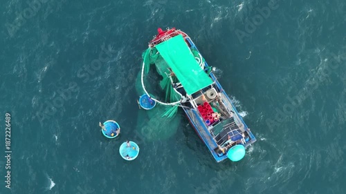 June 19, 2025: Panorama of anchovy fishing with purse seine, off the coast of Hon Yen, Tuy An district, Phu Yen province, Vietnam