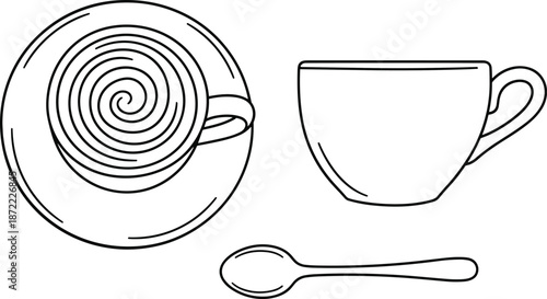 Coffee cup top and side view line art illustration, hot beverage outline vector set, cafe drink design