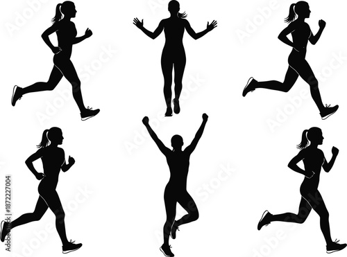 Collection of female runner silhouettes featuring women, jogging, sprinting, marathon, training, fitness, exercise, healthy, lifestyle, cardio, workout, victory, poses, vectors