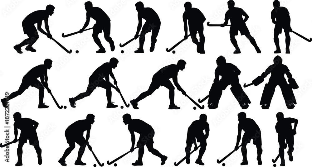 Obraz premium Field hockey player silhouettes, professional athletes action poses, set of sport vector icons, goalkeeper and outfield players isolated on white.