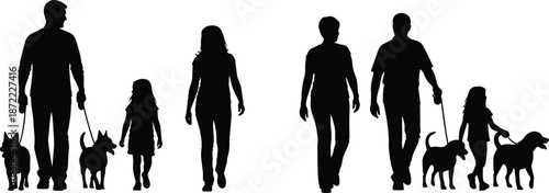 Family walking with dogs silhouettes set, parents and children strolling with pets, domestic animal life collection, black vector icons, isolated.