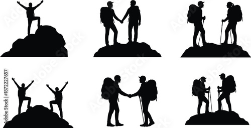 Hiking silhouettes set, mountain climbers trekking, backpackers reaching peak, outdoor adventure collection, people walking, handshake, success pose, black vector icons, isolated