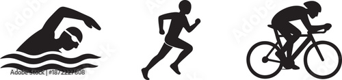 Triathlon silhouette icon set with swim bike run symbols, bold EPS vector isolated on white.