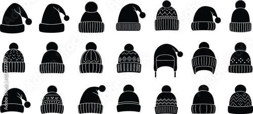 knit beanie icons with pompons, Santa Claus caps, seasonal headwear collection, cold weather clothing vector, isolated on white background.