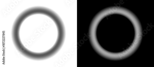 Circular ring of dots halftone gradient with empty center. Abstract pointillism makes depth illusion, suitable as icon, logo, sign or minimal graphic element. Black and white themes.