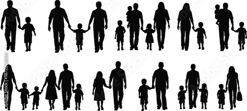 Large set of black family silhouettes featuring parents walking with children, fathers holding hands with sons, mothers with daughters, parenting icons