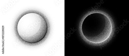 Sphere with dispersed dots forming halo. Abstract pointillism evokes sun icon, minimal logo or sign with soft texture and radial depth illusion. White and black theme.