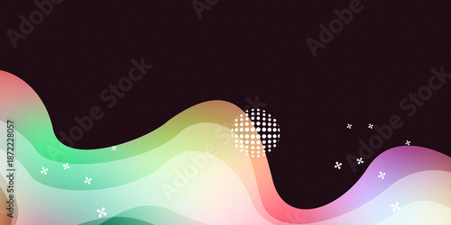 Abstract colorful fluid wave background with grain texture and halftone dots on a dark background.