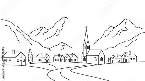 A charming line art drawing of a peaceful village nestled among majestic mountains