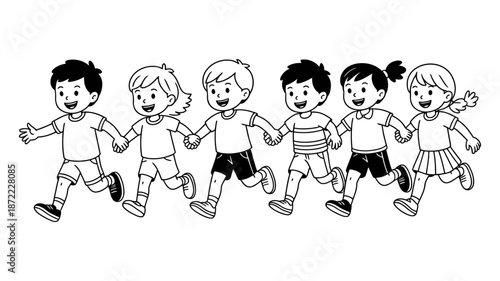 A joyful line of diverse elementary school children holding hands and running playfully