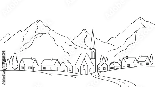 A quaint village scene nestled among towering mountains, featuring a charming church and winding road