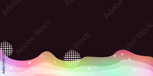 Abstract colorful fluid wave background with grain texture and halftone dots on a dark background.