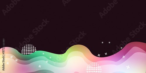 Abstract colorful fluid wave background with grain texture and halftone dots on a dark background.