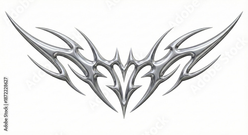 Dynamic chrome-plated tribal emblem with intricate sharp details, ideal for edgy decorative graphic elements or fantasy body art