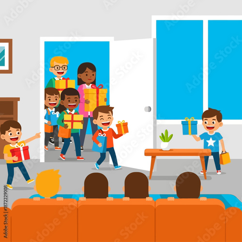 Guests arriving at a birthday party, bringing gifts for the celebration in a home living room.