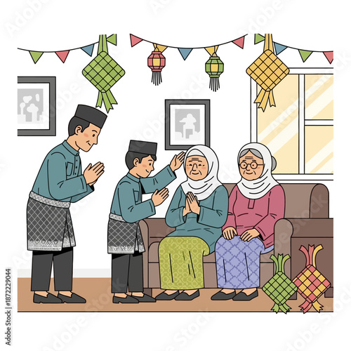 A family celebrating Eid al-Fitr with traditional greetings and festive decorations.