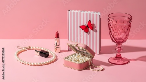 Beautiful pink accessories and gift box with butterfly decoration on pink background