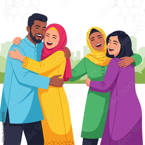 Joyful group of diverse Muslim friends embracing each other with big smiles, celebrating community and togetherness.