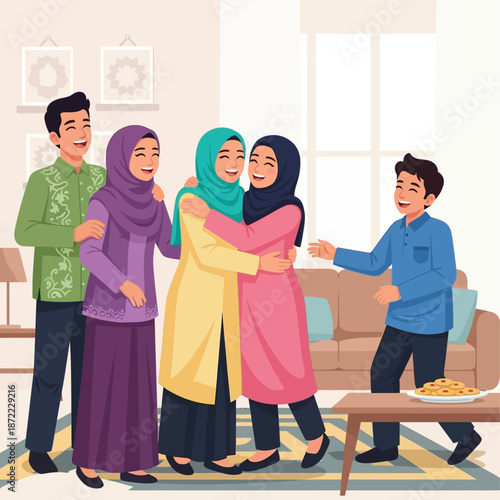 Joyful Muslim family and friends celebrating a festive occasion, hugging and smiling in a cozy living room setting at home.