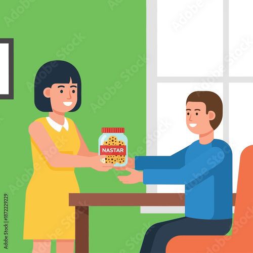 Woman giving a jar of Nastar cookies to a man at home.