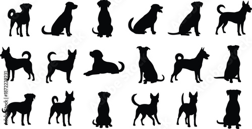 Black dog silhouettes collection featuring various canine breeds in sitting, standing, and lying down poses for pet animal vector icons.