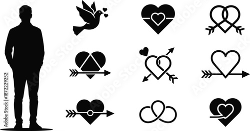 Silhouette man releasing paper dove with hearts for freedom and love concept illustration