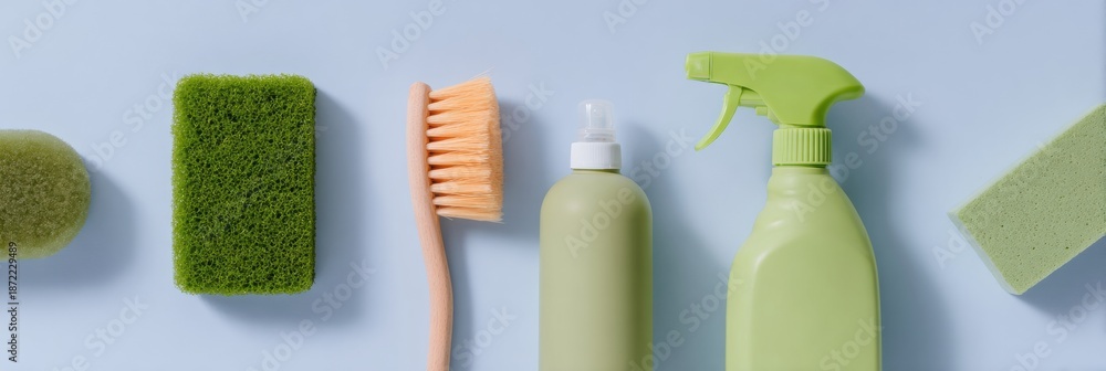 Fototapeta premium Modern Cleaning Tools and Supplies Layout with Silky Sage Accents Professional Marketing Content for Hygiene Brands
