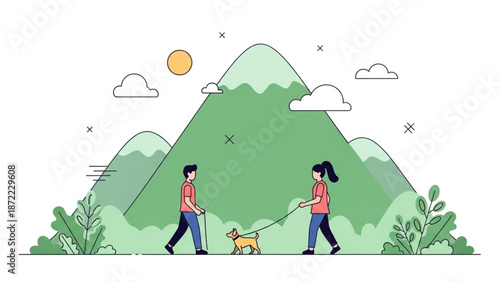 A man and a woman walk their dog in a scenic mountain landscape under the sun