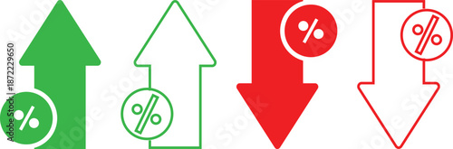 Data Analysis Icons set. Percentage arrow symbol. Performance tracking graphic design. Revenue and budget management signs
