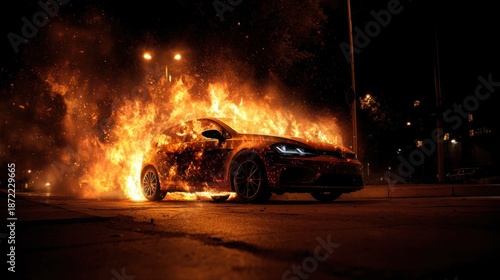 electric car on fire at night, intense flames from battery area, dark urban street, dramatic lighting, realism