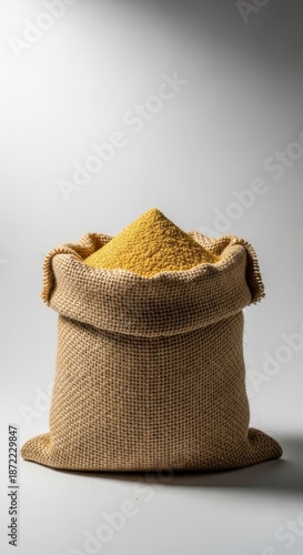 Organic animal feed granules in burlap sack for livestock and poultry nutrition. Agricultural fodder