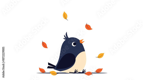 A cheerful little bird enjoying the playful dance of colorful autumn leaves