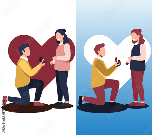 Faceless couple with one proposing with ring on romantic heart background in flat vector illustration ideal for engagement valentine and love themed designs
