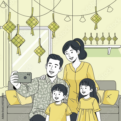 A happy family of four, parents and two children, taking a selfie in their living room decorated with traditional ketupat for Eid al-Fitr celebration.
