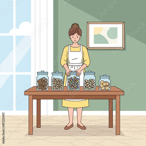 Woman in apron standing behind a table with five jars of various snacks and cookies in a home kitchen setting.