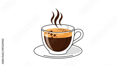 A refreshing cup of hot espresso coffee with steam rising, served in a clear glass mug