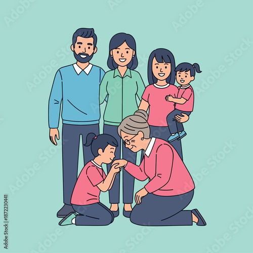 A multi-generational family portrait showing a young girl respectfully kissing her grandmother's hand, with other family members standing behind them.