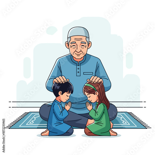 An elderly Muslim man blessing two children kneeling on a prayer mat during a religious ceremony.