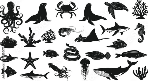 Black sea creature silhouettes collection featuring whale, shark, octopus, turtle, and coral reef animals in set of underwater vector icons.