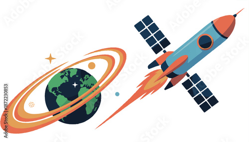 Cartoon Rocket and Earth with Orange Rings in Space