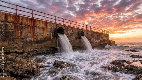 Quadro em tela A captivating image of a coastal dam at sunset, showcasing water flowing through its gates