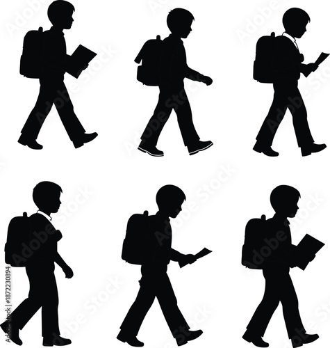 Black silhouettes of school boy walking with backpack and holding book for education back to school and student life concept,